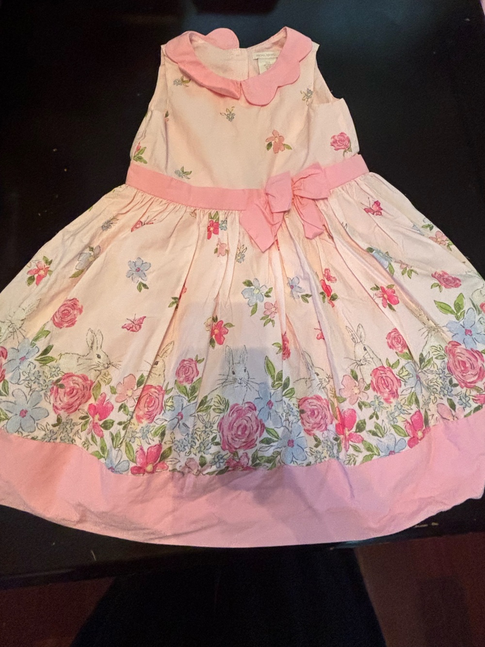Girls Pink Floral Bow Collar Dress